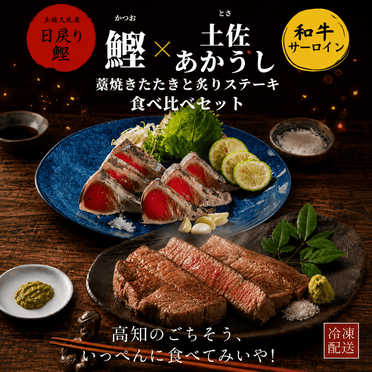 【食べ比べセット】日戻り鰹のたたき × 土佐あかうしサーロインステーキ